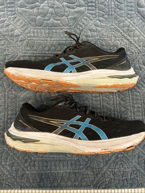 Asics Black Running Shoes with Blue Logos and Orange Soles Size 15